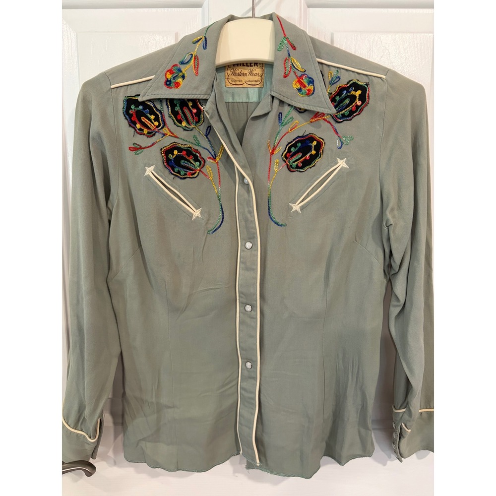 Vintage Miller Western Wear Embroidered Gabardine Shirt Pearl Snap Buttons